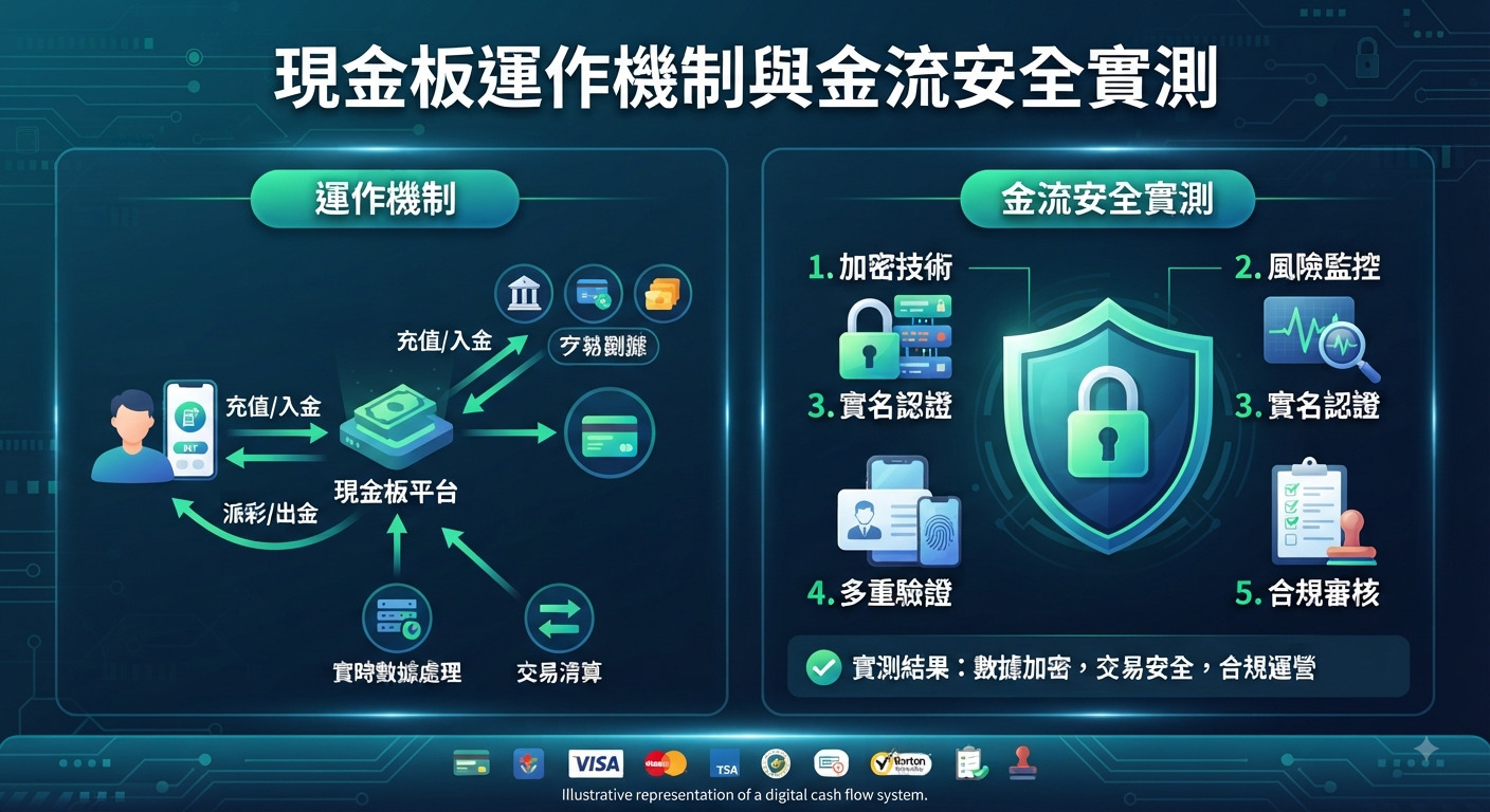 這張圖片展示了現金板的運作機制與金流安全實測。 畫面透過圖表與科技感設計呈現充值、出金及加密技術等安全防護。